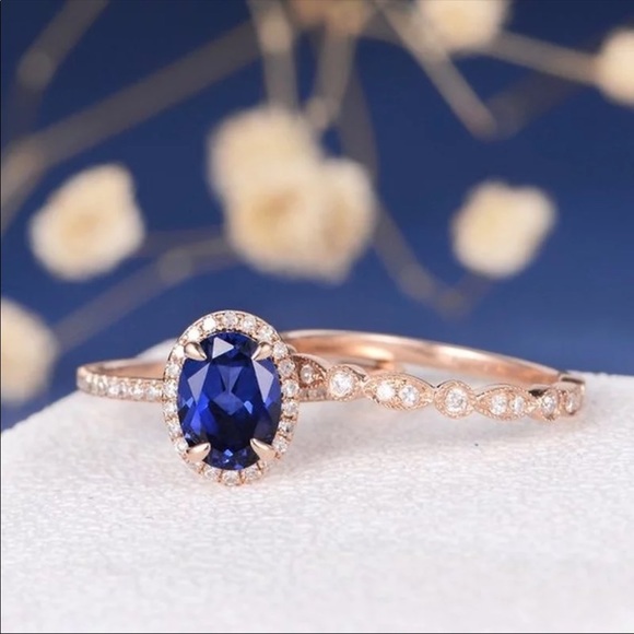 *NEW*2pc Set Rose Gold Bridal Sapphire Ring - Picture 4 of 6
